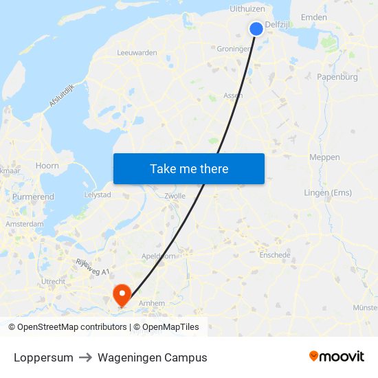 Loppersum to Wageningen Campus map