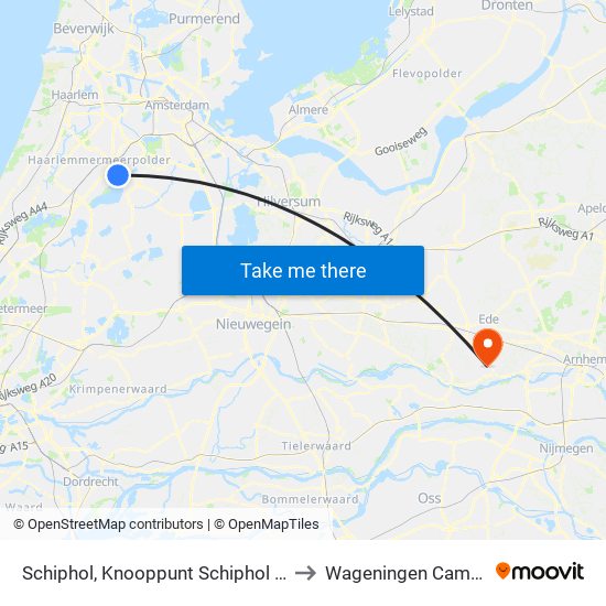 Schiphol, Knooppunt Schiphol Zuid to Wageningen Campus map