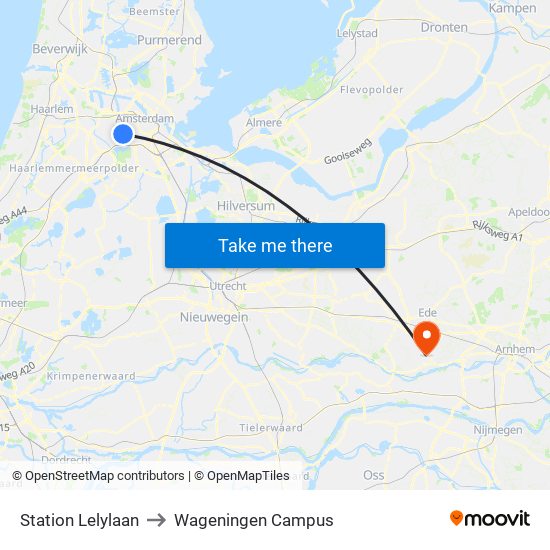 Station Lelylaan to Wageningen Campus map