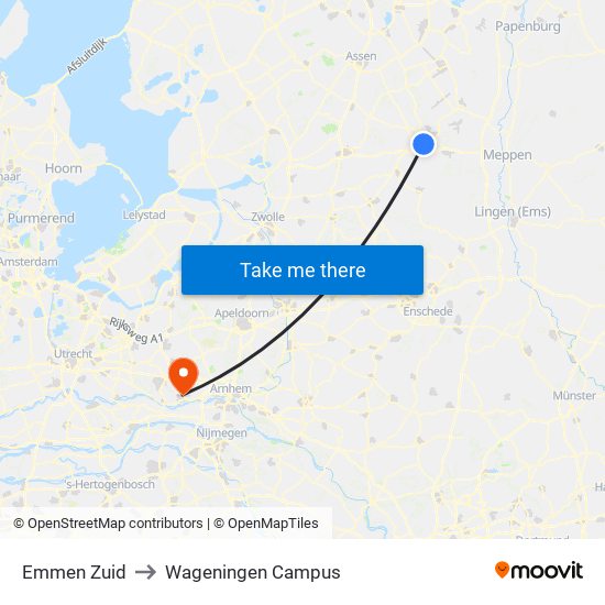 Emmen Zuid to Wageningen Campus map