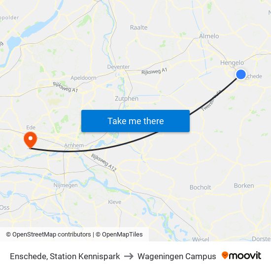 Enschede, Station Kennispark to Wageningen Campus map