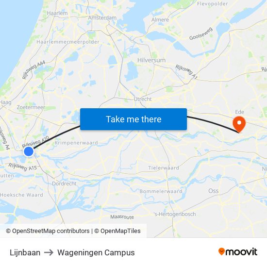 Lijnbaan to Wageningen Campus map