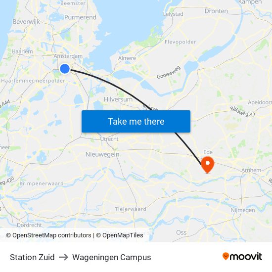 Station Zuid to Wageningen Campus map