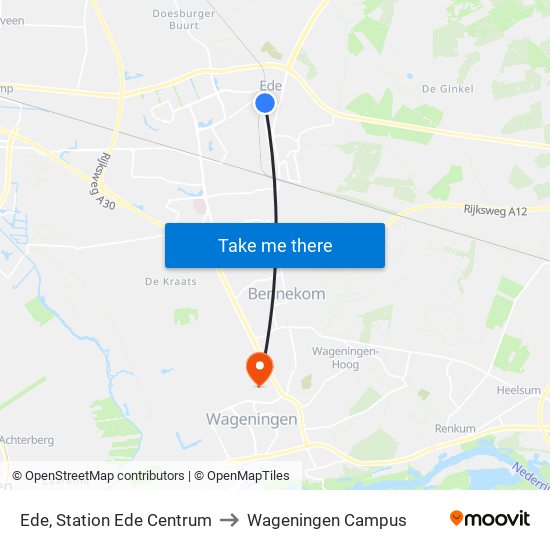 Ede, Station Ede Centrum to Wageningen Campus map