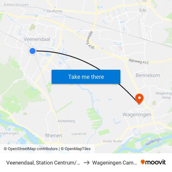 Veenendaal, Station Centrum/Plein to Wageningen Campus map