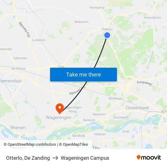 Otterlo, De Zanding to Wageningen Campus map