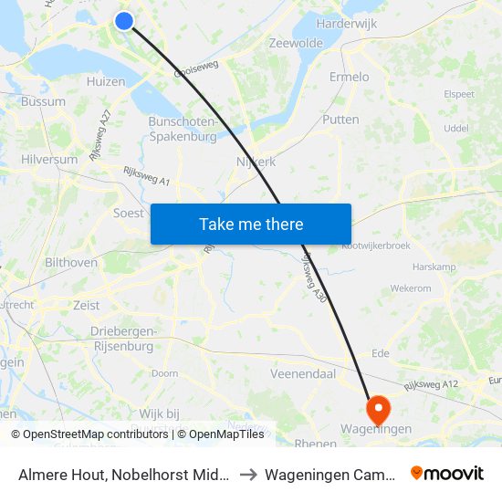 Almere Hout, Nobelhorst Midden to Wageningen Campus map