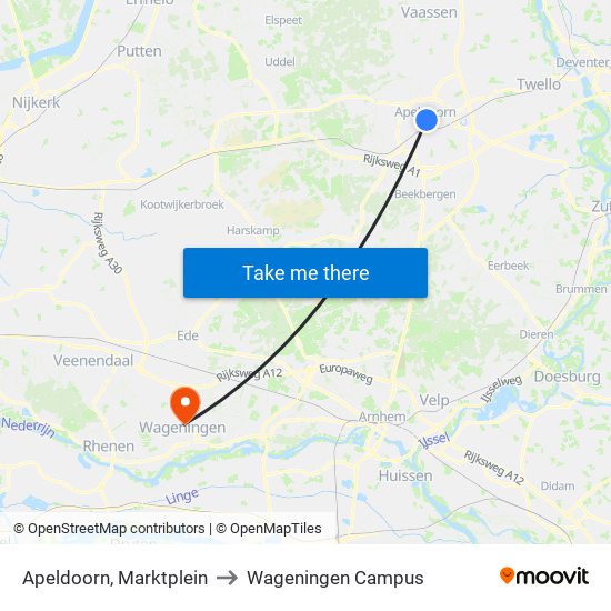 Apeldoorn, Marktplein to Wageningen Campus map