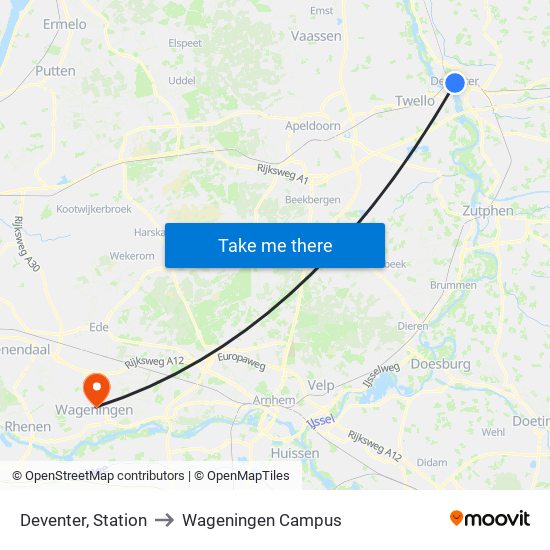 Deventer, Station to Wageningen Campus map