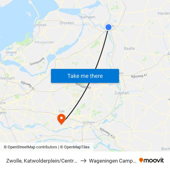 Zwolle, Katwolderplein/Centrum to Wageningen Campus map