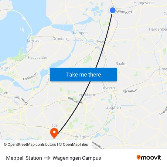 Meppel, Station to Wageningen Campus map