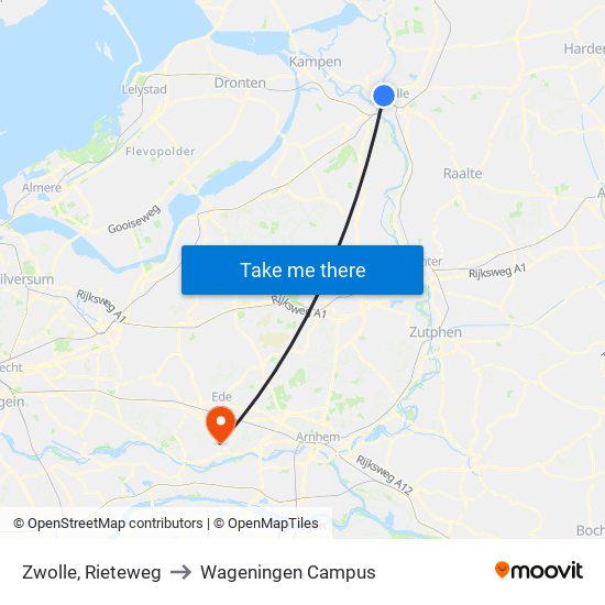 Zwolle, Rieteweg to Wageningen Campus map