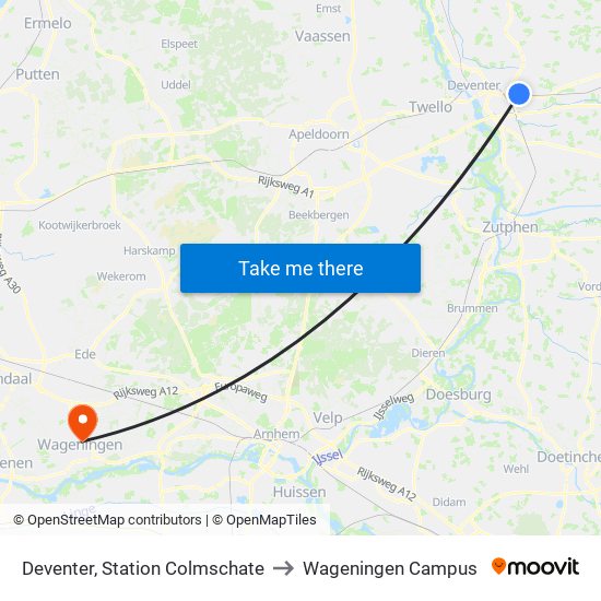 Deventer, Station Colmschate to Wageningen Campus map