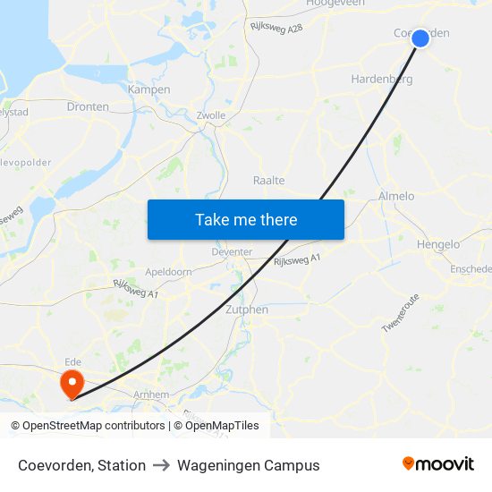 Coevorden, Station to Wageningen Campus map