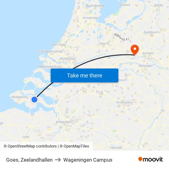 Goes, Zeelandhallen to Wageningen Campus map