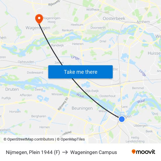 Nijmegen, Plein 1944 (F) to Wageningen Campus map