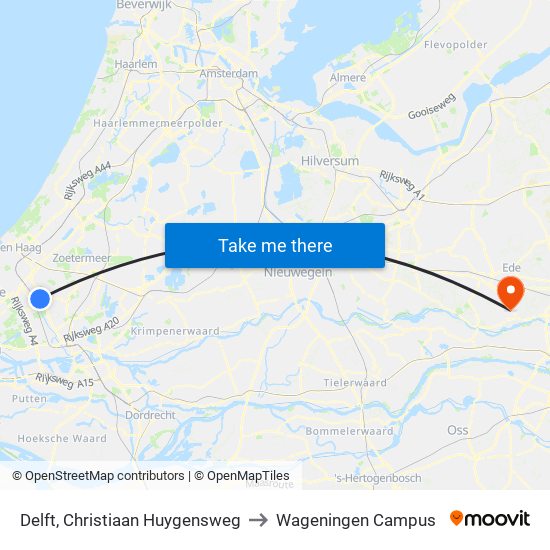 Delft, Christiaan Huygensweg to Wageningen Campus map