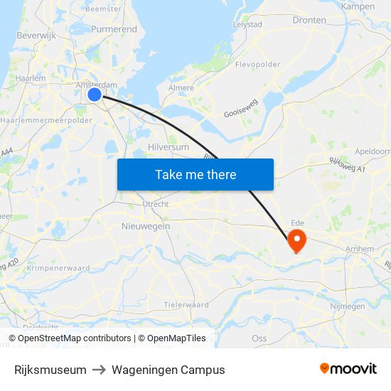 Rijksmuseum to Wageningen Campus map