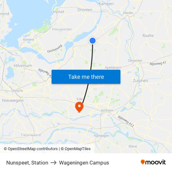 Nunspeet, Station to Wageningen Campus map