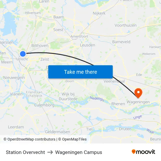 Station Overvecht to Wageningen Campus map