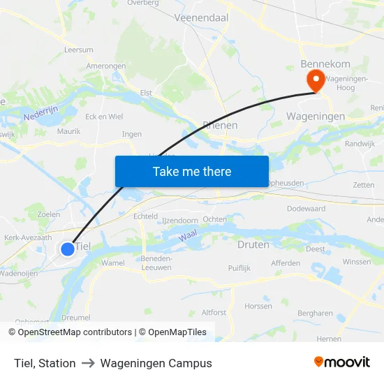 Tiel, Station to Wageningen Campus map