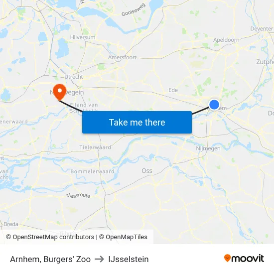 Arnhem, Burgers' Zoo to IJsselstein map