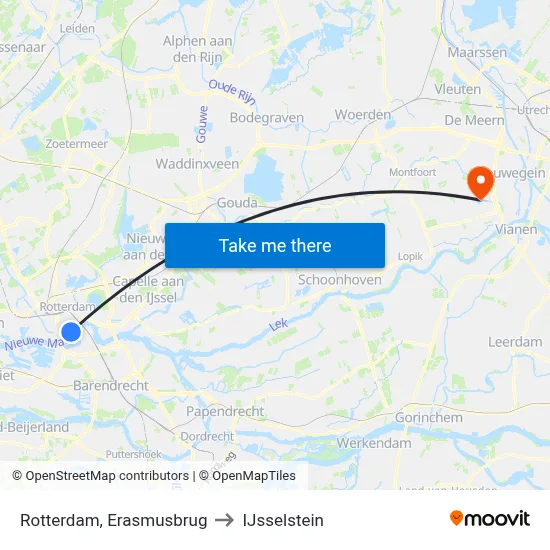 Rotterdam, Erasmusbrug to IJsselstein map