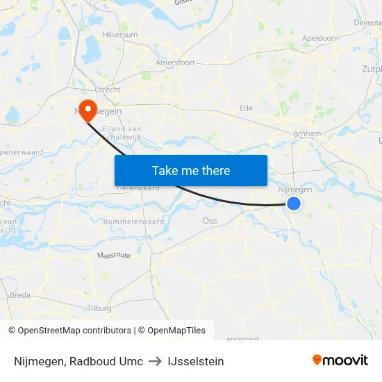 Nijmegen, Radboud Umc to IJsselstein map