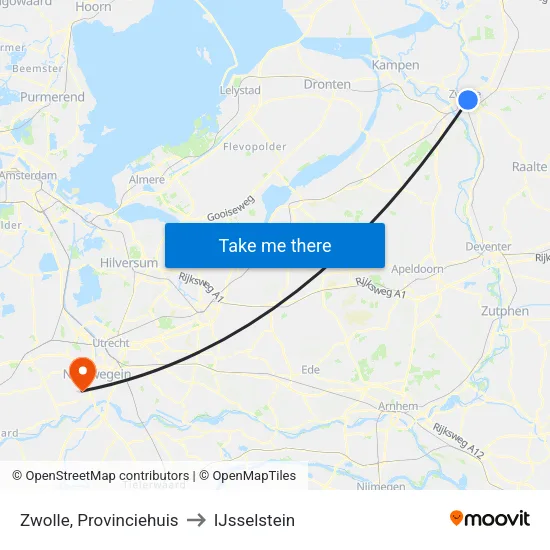 Zwolle, Provinciehuis to IJsselstein map