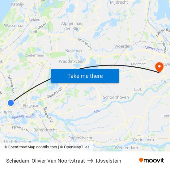 Schiedam, Olivier Van Noortstraat to IJsselstein map