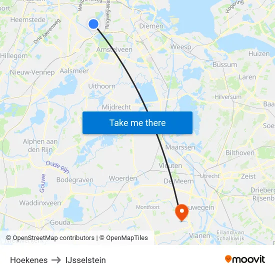 Hoekenes to IJsselstein map