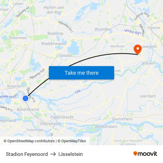 Stadion Feyenoord to IJsselstein map