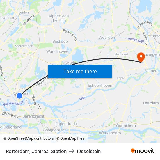 Rotterdam, Centraal Station to IJsselstein map