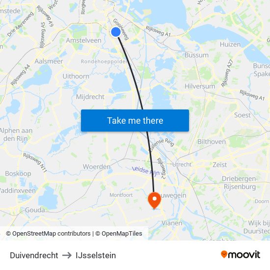 Duivendrecht to IJsselstein map