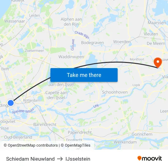 Schiedam Nieuwland to IJsselstein map