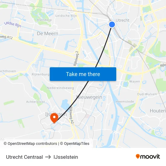 Utrecht Centraal to IJsselstein map