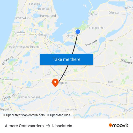 Almere Oostvaarders to IJsselstein map