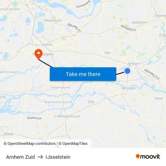 Arnhem Zuid to IJsselstein map