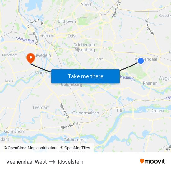 Veenendaal West to IJsselstein map