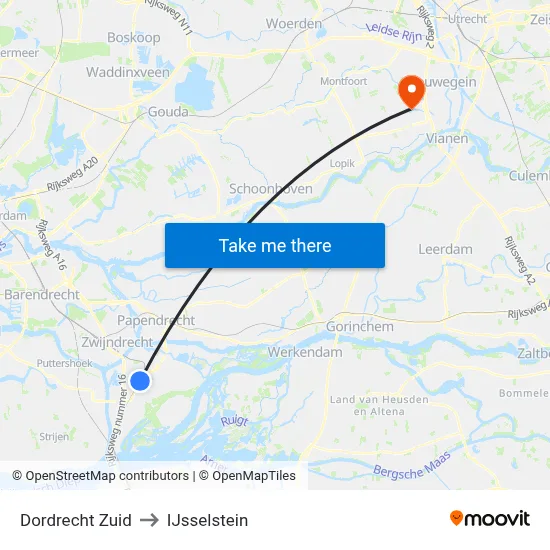 Dordrecht Zuid to IJsselstein map