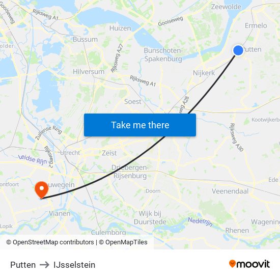 Putten to IJsselstein map