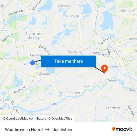 Waddinxveen Noord to IJsselstein map