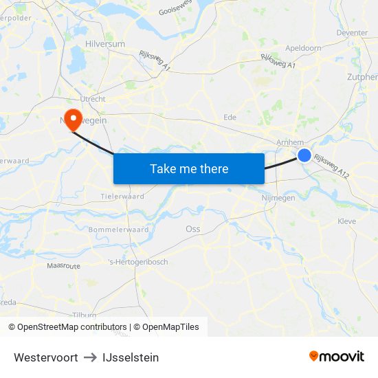 Westervoort to IJsselstein map