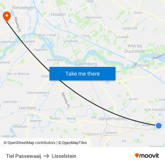 Tiel Passewaaij to IJsselstein map