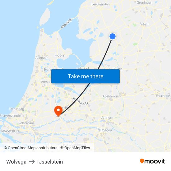 Wolvega to IJsselstein map