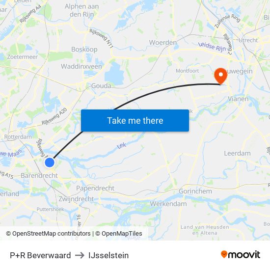 P+R Beverwaard to IJsselstein map