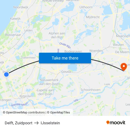 Delft, Zuidpoort to IJsselstein map