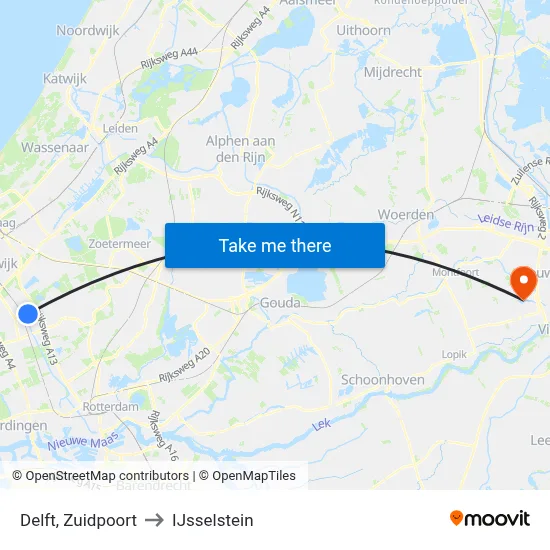 Delft, Zuidpoort to IJsselstein map