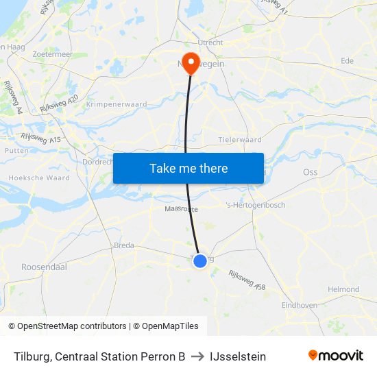 Tilburg, Centraal Station Perron B to IJsselstein map