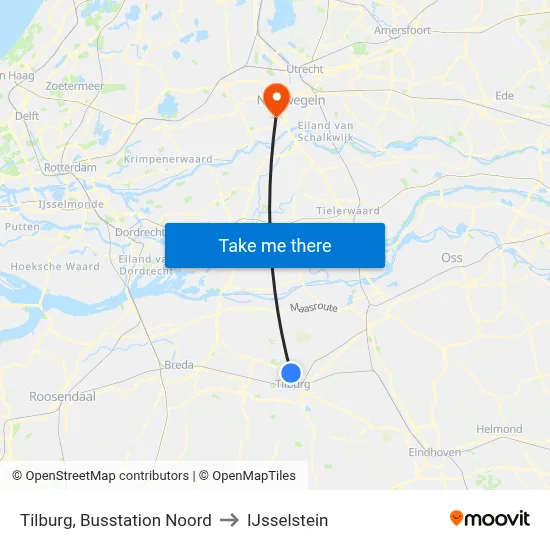 Tilburg, Busstation Noord to IJsselstein map